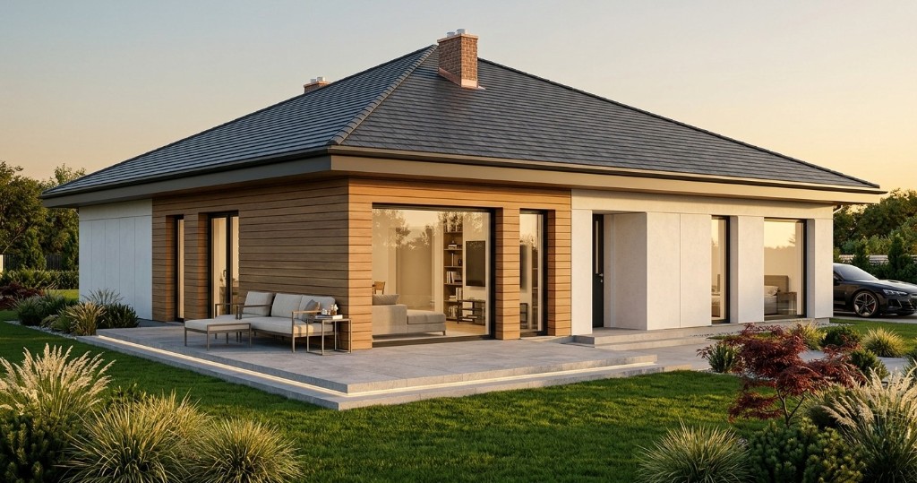 Wizualizacja nowoczesnego domu jednorodzinnego - elewacja z drewnem, taras i ogród